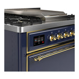 ILVE Majestic III 36-inch Dual Fuel Range with 5 Liquid Propane Burner, Griddle and Solid Door Electric Oven in Blue Grey with Brass Trim (UM36FQNR3MBGLP)