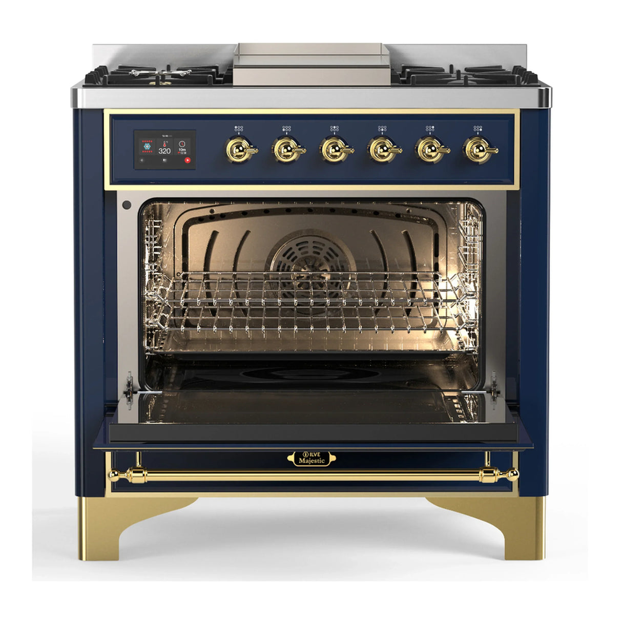 ILVE Majestic III 36-inch Dual Fuel Range with 5 Liquid Propane Burner, Griddle and Solid Door Electric Oven in Blue Grey with Brass Trim (UM36FQNR3MBGLP)