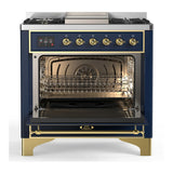 ILVE Majestic III 36-inch Dual Fuel Range with 5 Liquid Propane Burner, Griddle and Solid Door Electric Oven in Blue Grey with Brass Trim (UM36FQNR3MBGLP)