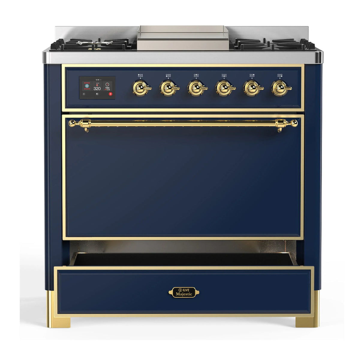 ILVE Majestic III 36-inch Dual Fuel Range with 5 Liquid Propane Burner, Griddle and Solid Door Electric Oven in Blue Grey with Brass Trim (UM36FQNR3MBGLP)