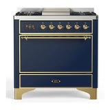 ILVE Majestic III 36-inch Dual Fuel Range with 5 Liquid Propane Burner, Griddle and Solid Door Electric Oven in Blue Grey with Brass Trim (UM36FQNR3MBGLP)