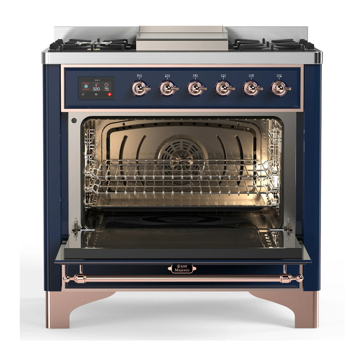 ILVE Majestic III 36-inch Dual Fuel Range with 5 Liquid Propane Burner, Griddle and Solid Door Electric Oven in Midnight Blue with Copper Trim (UM36FQNR3MBPLP)