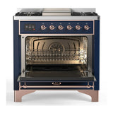 ILVE Majestic III 36-inch Dual Fuel Range with 5 Liquid Propane Burner, Griddle and Solid Door Electric Oven in Midnight Blue with Copper Trim (UM36FQNR3MBPLP)