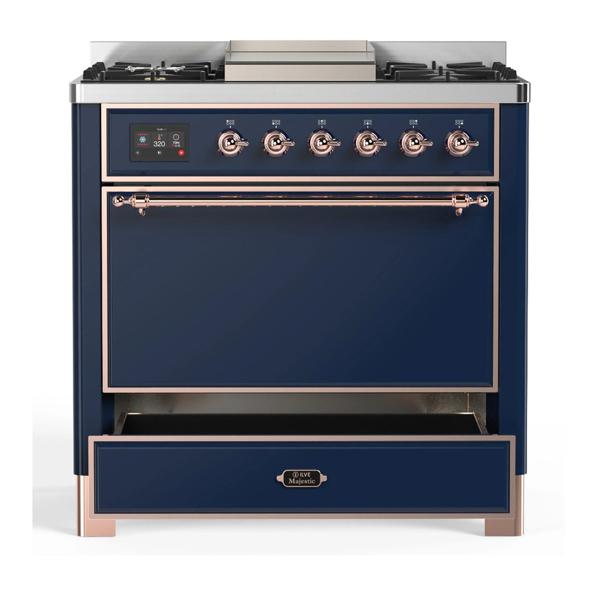 ILVE Majestic III 36-inch Dual Fuel Range with 5 Liquid Propane Burner, Griddle and Solid Door Electric Oven in Midnight Blue with Copper Trim (UM36FQNR3MBPLP)