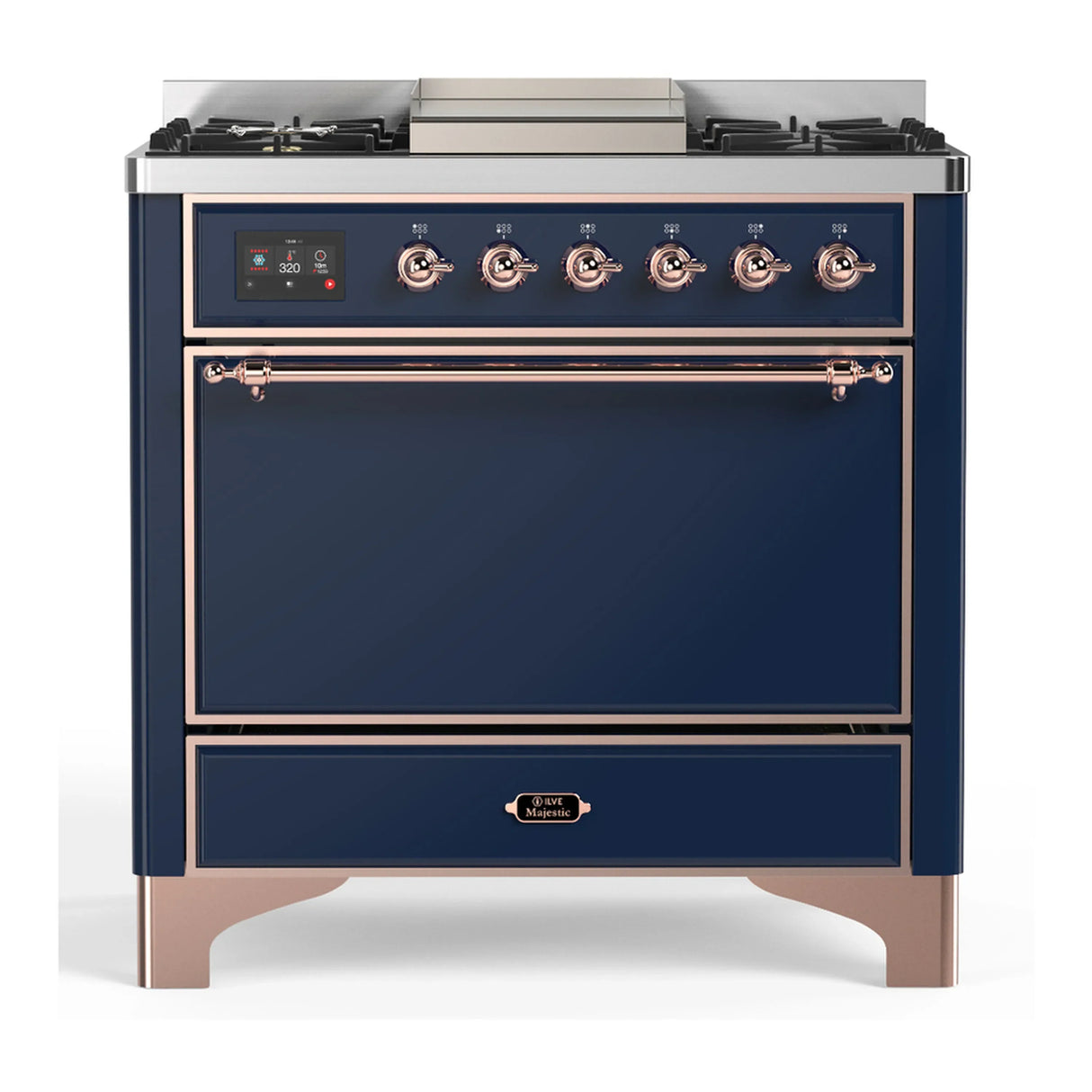 ILVE Majestic III 36-inch Dual Fuel Range with 5 Liquid Propane Burner, Griddle and Solid Door Electric Oven in Midnight Blue with Copper Trim (UM36FQNR3MBPLP)