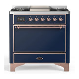 ILVE Majestic III 36-inch Dual Fuel Range with 5 Liquid Propane Burner, Griddle and Solid Door Electric Oven in Midnight Blue with Copper Trim (UM36FQNR3MBPLP)