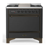 ILVE Majestic III 36-inch Dual Fuel Range with 5 Liquid Propane Burner, Griddle and Solid Door Electric Oven in Graphite Matte with Burnished Trim (UM36FQNR3MGBLP)