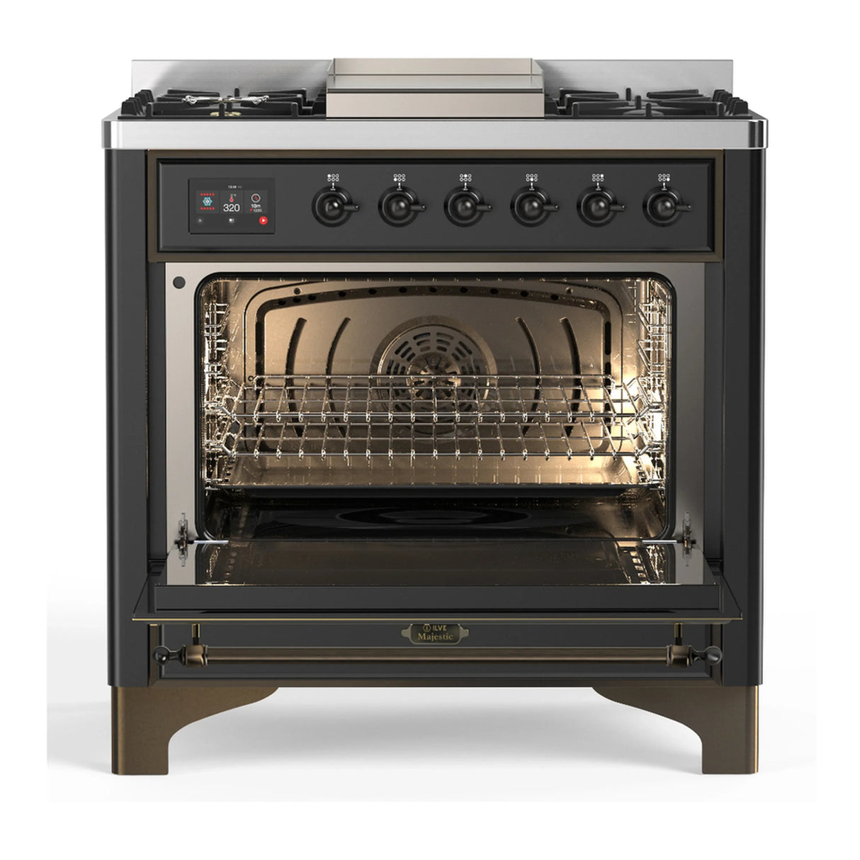 ILVE Majestic III 36-inch Dual Fuel Range with 6 Natural Gas Burner, Griddle and Solid Door Electric Oven in Graphite Matte with Burnished Trim (UM36FQNR3MGB)