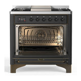 ILVE Majestic III 36-inch Dual Fuel Range with 6 Natural Gas Burner, Griddle and Solid Door Electric Oven in Graphite Matte with Burnished Trim (UM36FQNR3MGB)