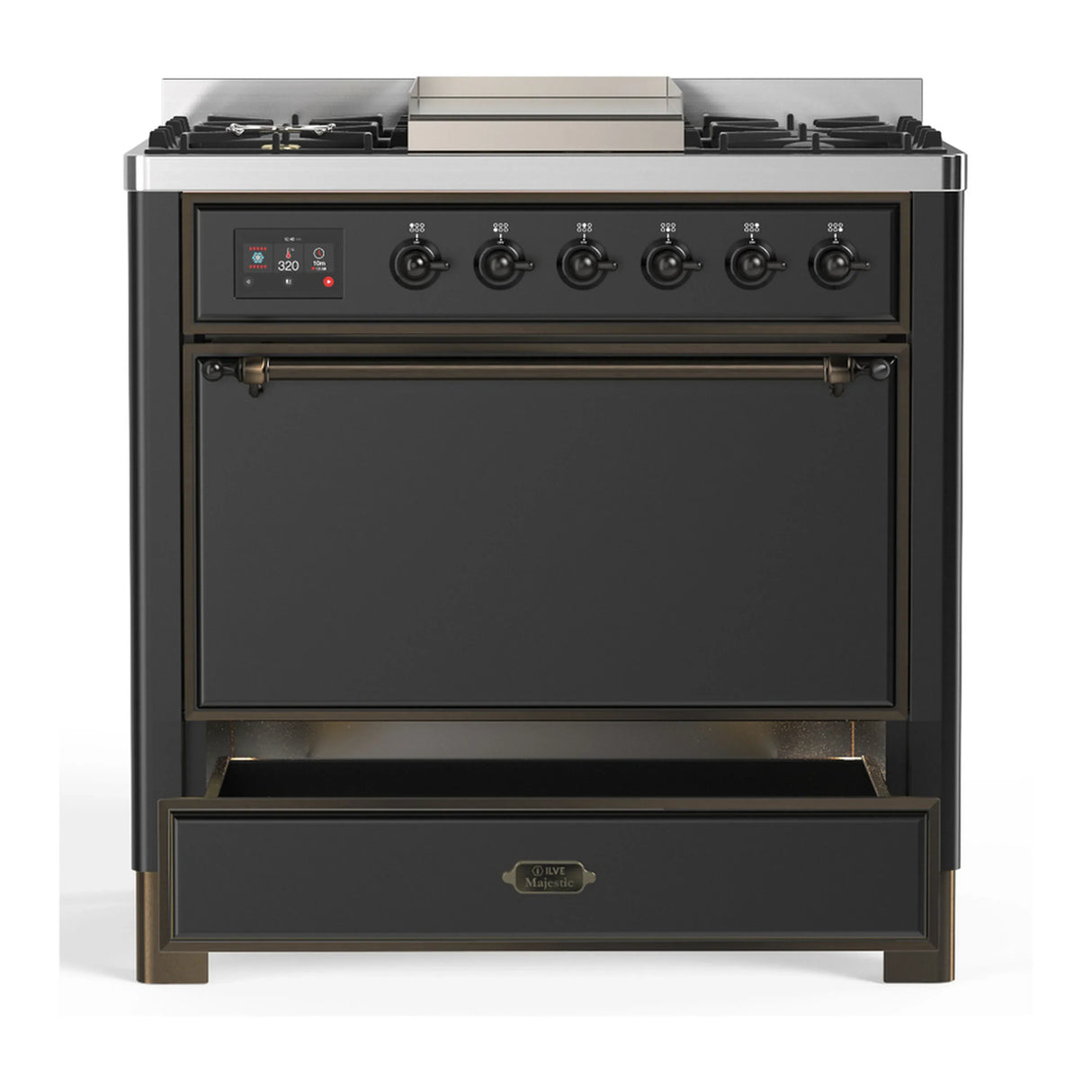 ILVE Majestic III 36-inch Dual Fuel Range with 6 Natural Gas Burner, Griddle and Solid Door Electric Oven in Graphite Matte with Burnished Trim (UM36FQNR3MGB)