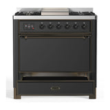 ILVE Majestic III 36-inch Dual Fuel Range with 6 Natural Gas Burner, Griddle and Solid Door Electric Oven in Graphite Matte with Burnished Trim (UM36FQNR3MGB)