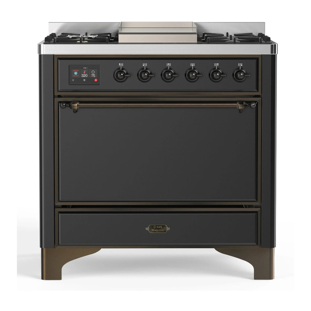 ILVE Majestic III 36-inch Dual Fuel Range with 6 Natural Gas Burner, Griddle and Solid Door Electric Oven in Graphite Matte with Burnished Trim (UM36FQNR3MGB)
