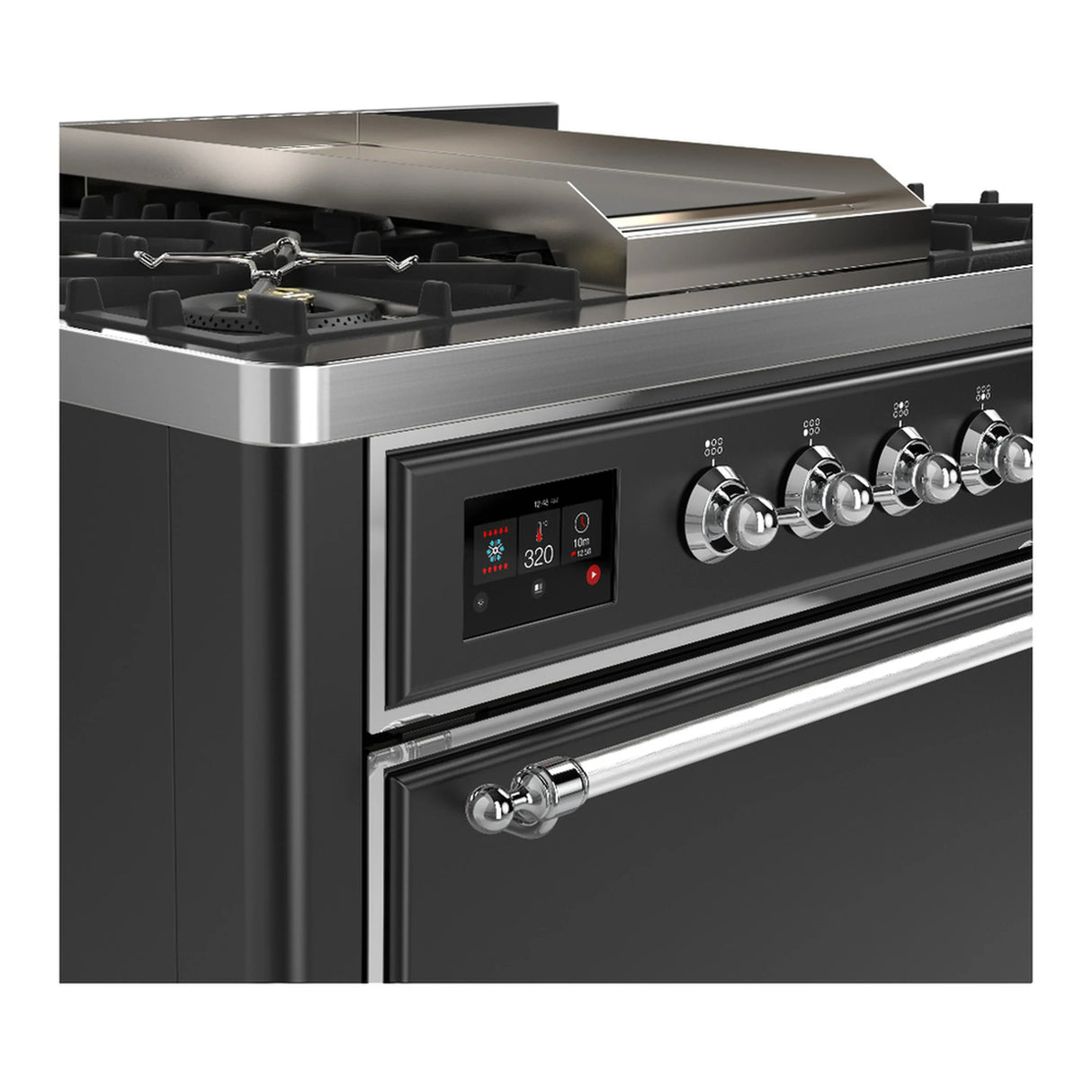 ILVE Majestic III 36-inch Dual Fuel Range with 5 Liquid Propane Burner, Griddle and Solid Door Electric Oven in Graphite Matte with Chrome Trim (UM36FQNR3MGCLP)