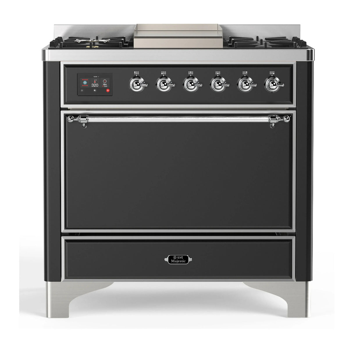 ILVE Majestic III 36-inch Dual Fuel Range with 5 Liquid Propane Burner, Griddle and Solid Door Electric Oven in Graphite Matte with Chrome Trim (UM36FQNR3MGCLP)