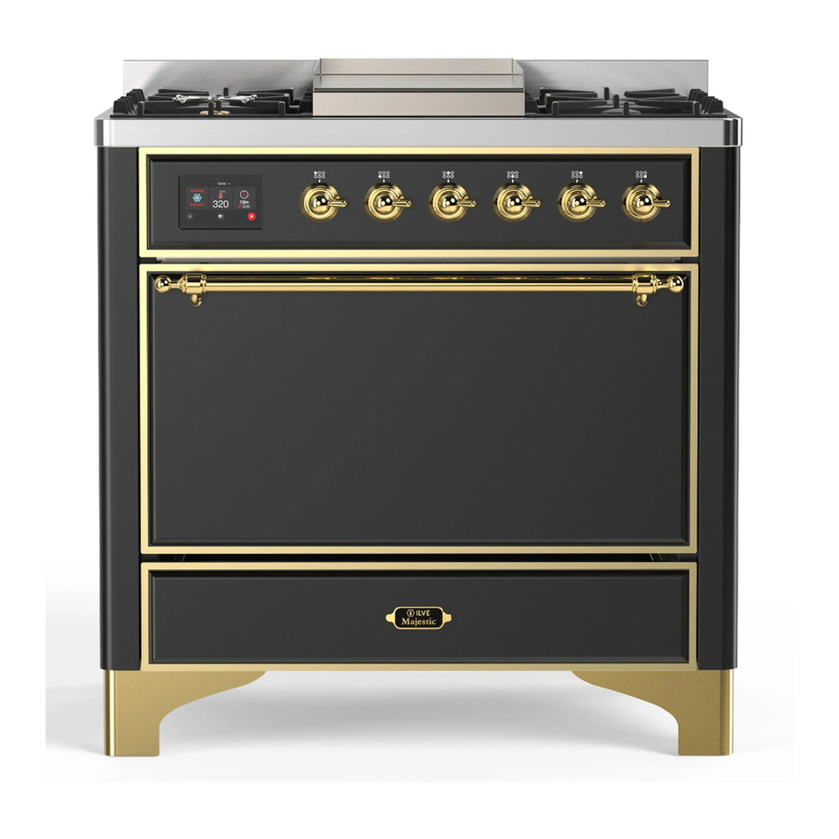 ILVE Majestic III 36-inch Dual Fuel Range with 6 Natural Gas Burner, Griddle and Solid Door Electric Oven in Graphite Matte with Brass Trim (UM36FQNR3MGG)