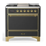 ILVE Majestic III 36-inch Dual Fuel Range with 6 Natural Gas Burner, Griddle and Solid Door Electric Oven in Graphite Matte with Brass Trim (UM36FQNR3MGG)