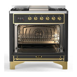 ILVE Majestic III 36-inch Dual Fuel Range with 6 Natural Gas Burner, Griddle and Solid Door Electric Oven in Graphite Matte with Brass Trim (UM36FQNR3MGG)