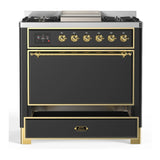 ILVE Majestic III 36-inch Dual Fuel Range with 6 Natural Gas Burner, Griddle and Solid Door Electric Oven in Graphite Matte with Brass Trim (UM36FQNR3MGG)