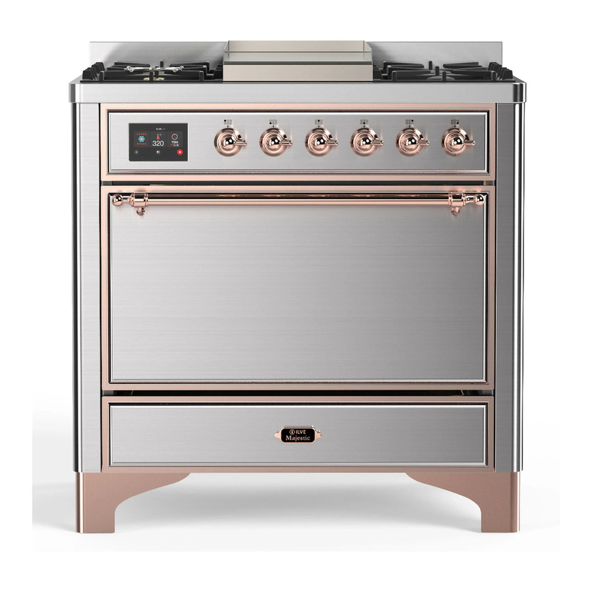 ILVE Majestic III 36-inch Dual Fuel Range with 6 Natural Gas Burner, Griddle and Solid Door Electric Oven in Stainless Steel with Copper Trim (UM36FQNR3SSP)