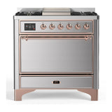 ILVE Majestic III 36-inch Dual Fuel Range with 6 Natural Gas Burner, Griddle and Solid Door Electric Oven in Stainless Steel with Copper Trim (UM36FQNR3SSP)
