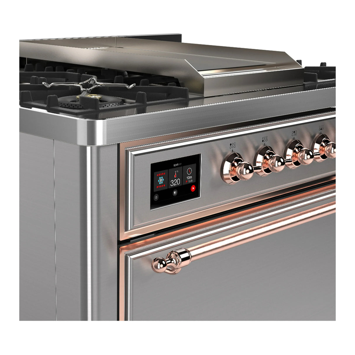 ILVE Majestic III 36-inch Dual Fuel Range with 6 Natural Gas Burner, Griddle and Solid Door Electric Oven in Stainless Steel with Copper Trim (UM36FQNR3SSP)