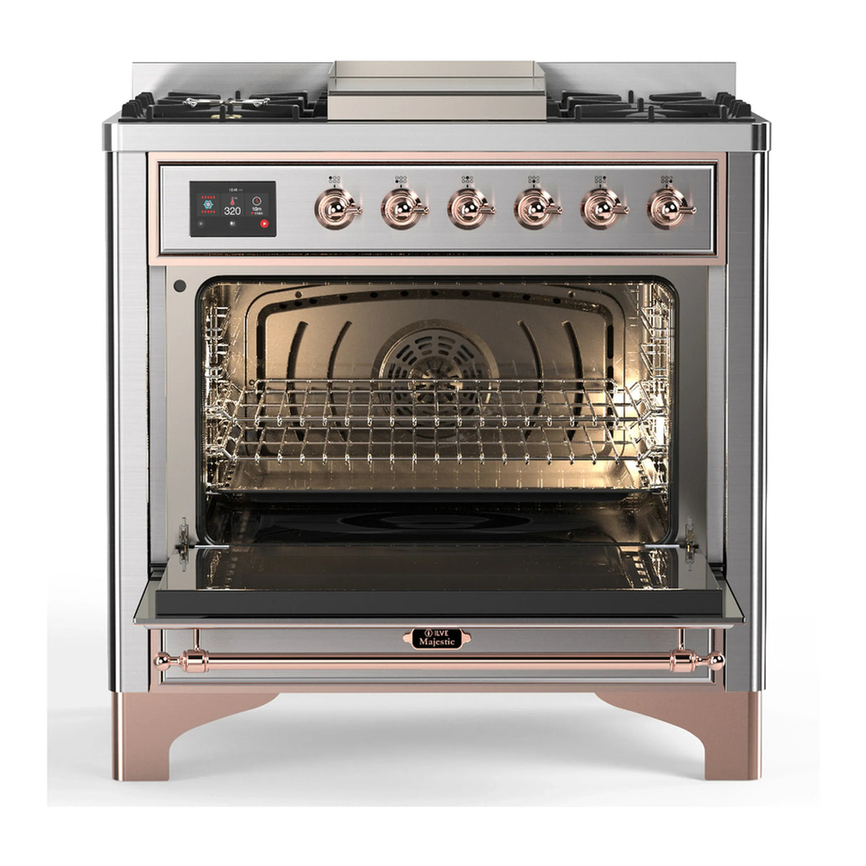 ILVE Majestic III 36-inch Dual Fuel Range with 6 Natural Gas Burner, Griddle and Solid Door Electric Oven in Stainless Steel with Copper Trim (UM36FQNR3SSP)