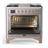 ILVE Majestic III 36-inch Dual Fuel Range with 6 Natural Gas Burner, Griddle and Solid Door Electric Oven in Stainless Steel with Copper Trim (UM36FQNR3SSP)