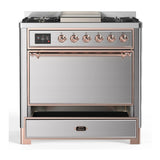ILVE Majestic III 36-inch Dual Fuel Range with 6 Natural Gas Burner, Griddle and Solid Door Electric Oven in Stainless Steel with Copper Trim (UM36FQNR3SSP)