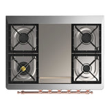 ILVE Majestic III 36-inch Dual Fuel Range with 6 Natural Gas Burner, Griddle and Solid Door Electric Oven in Stainless Steel with Copper Trim (UM36FQNR3SSP)