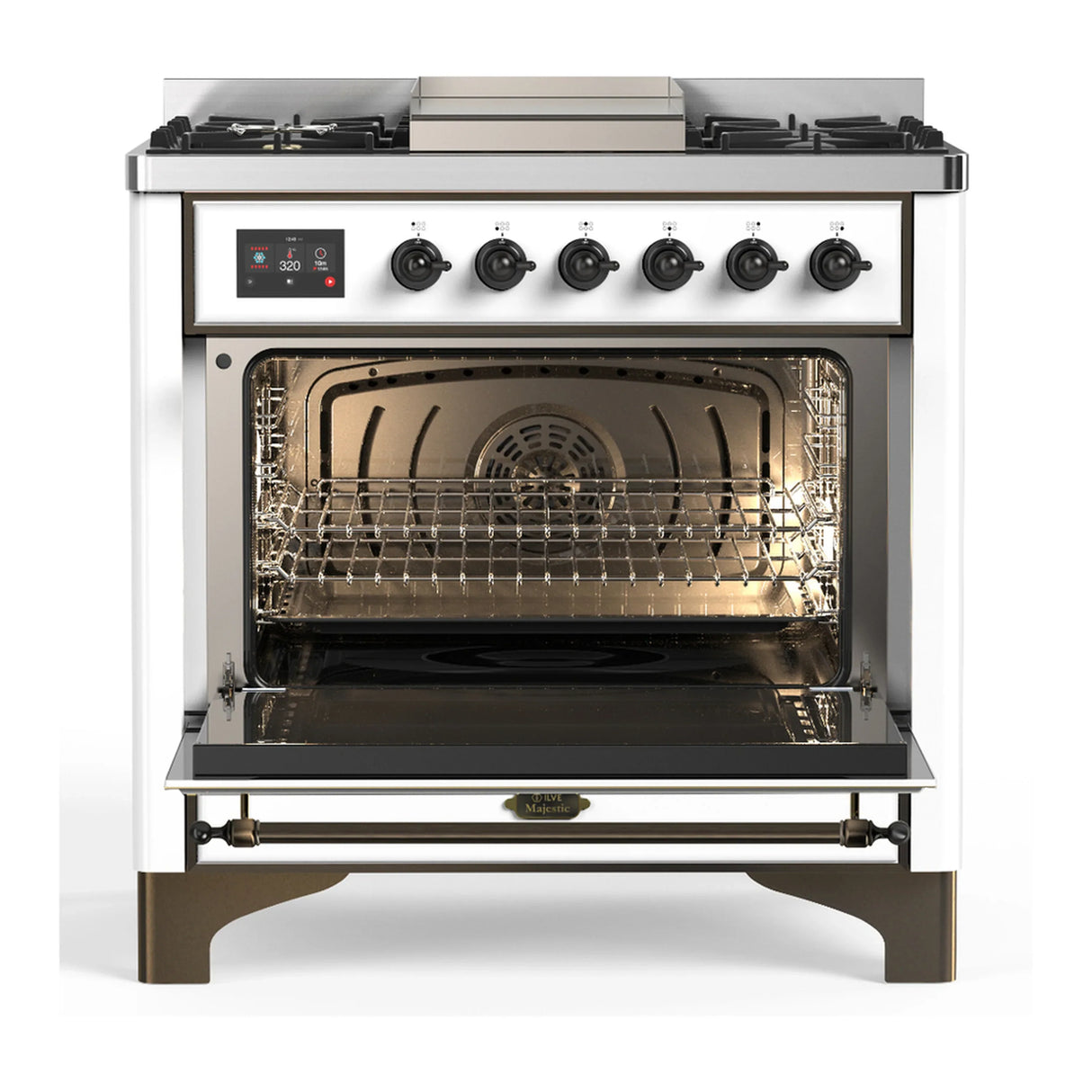 ILVE Majestic III 36-inch Dual Fuel Range with 5 Liquid Propane Burner, Griddle and Solid Door Electric Oven in White with Burnished Trim (UM36FQNR3WHBLP)