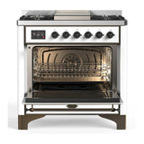 ILVE Majestic III 36-inch Dual Fuel Range with 5 Liquid Propane Burner, Griddle and Solid Door Electric Oven in White with Burnished Trim (UM36FQNR3WHBLP)