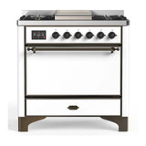 ILVE Majestic III 36-inch Dual Fuel Range with 5 Liquid Propane Burner, Griddle and Solid Door Electric Oven in White with Burnished Trim (UM36FQNR3WHBLP)