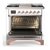 ILVE Majestic III 36-inch Dual Fuel Range with 6 Natural Gas Burner, Griddle and Solid Door Electric Oven in White with Copper Trim (UM36FQNR3WHP)