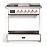 ILVE Majestic III 36-inch Dual Fuel Range with 6 Natural Gas Burner, Griddle and Solid Door Electric Oven in White with Copper Trim (UM36FQNR3WHP)