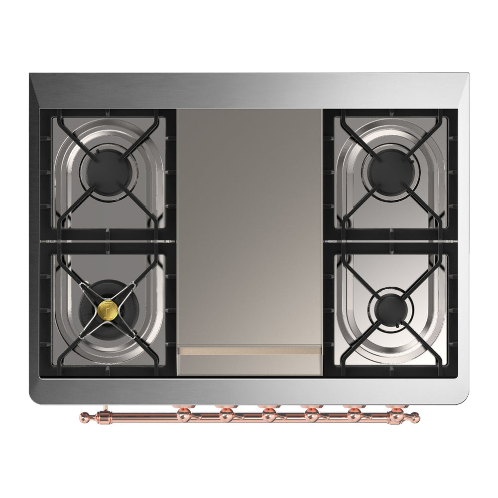 ILVE Majestic III 36-inch Dual Fuel Range with 6 Natural Gas Burner, Griddle and Solid Door Electric Oven in White with Copper Trim (UM36FQNR3WHP)