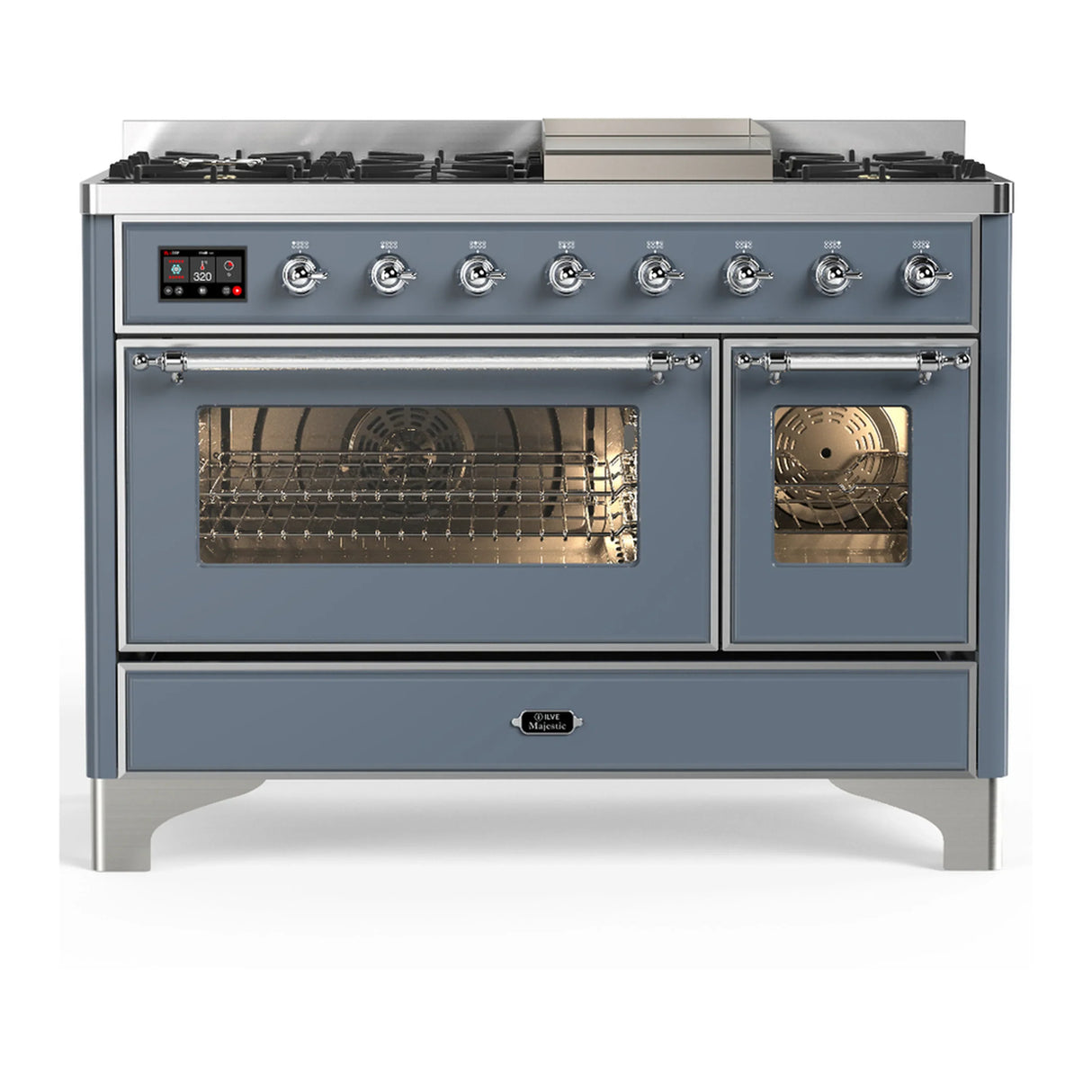 ILVE Majestic III 48-inch Dual Fuel Range with 5 Natural Gas Burner, Griddle and Triple Glass Door Electric Oven in Blue Grey with Chrome Trim (UM48FNR3BGC)