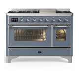 ILVE Majestic III 48-inch Dual Fuel Range with 5 Natural Gas Burner, Griddle and Triple Glass Door Electric Oven in Blue Grey with Chrome Trim (UM48FNR3BGC)