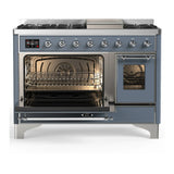 ILVE Majestic III 48-inch Dual Fuel Range with 5 Natural Gas Burner, Griddle and Triple Glass Door Electric Oven in Blue Grey with Chrome Trim (UM48FNR3BGC)