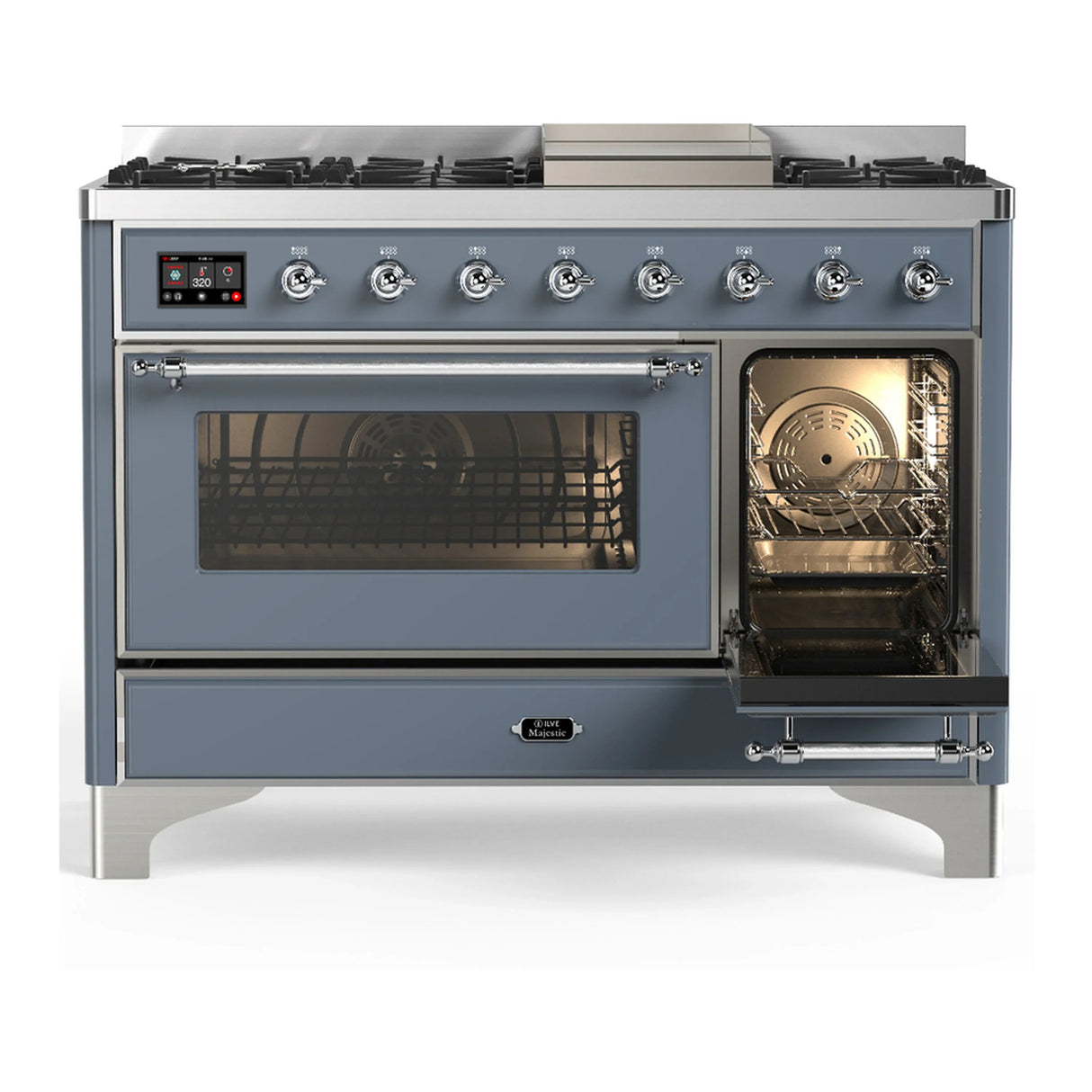 ILVE Majestic III 48-inch Dual Fuel Range with 5 Natural Gas Burner, Griddle and Triple Glass Door Electric Oven in Blue Grey with Chrome Trim (UM48FNR3BGC)