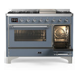 ILVE Majestic III 48-inch Dual Fuel Range with 5 Natural Gas Burner, Griddle and Triple Glass Door Electric Oven in Blue Grey with Chrome Trim (UM48FNR3BGC)