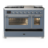 ILVE Majestic III 48-inch Dual Fuel Range with 5 Natural Gas Burner, Griddle and Triple Glass Door Electric Oven in Blue Grey with Chrome Trim (UM48FNR3BGC)