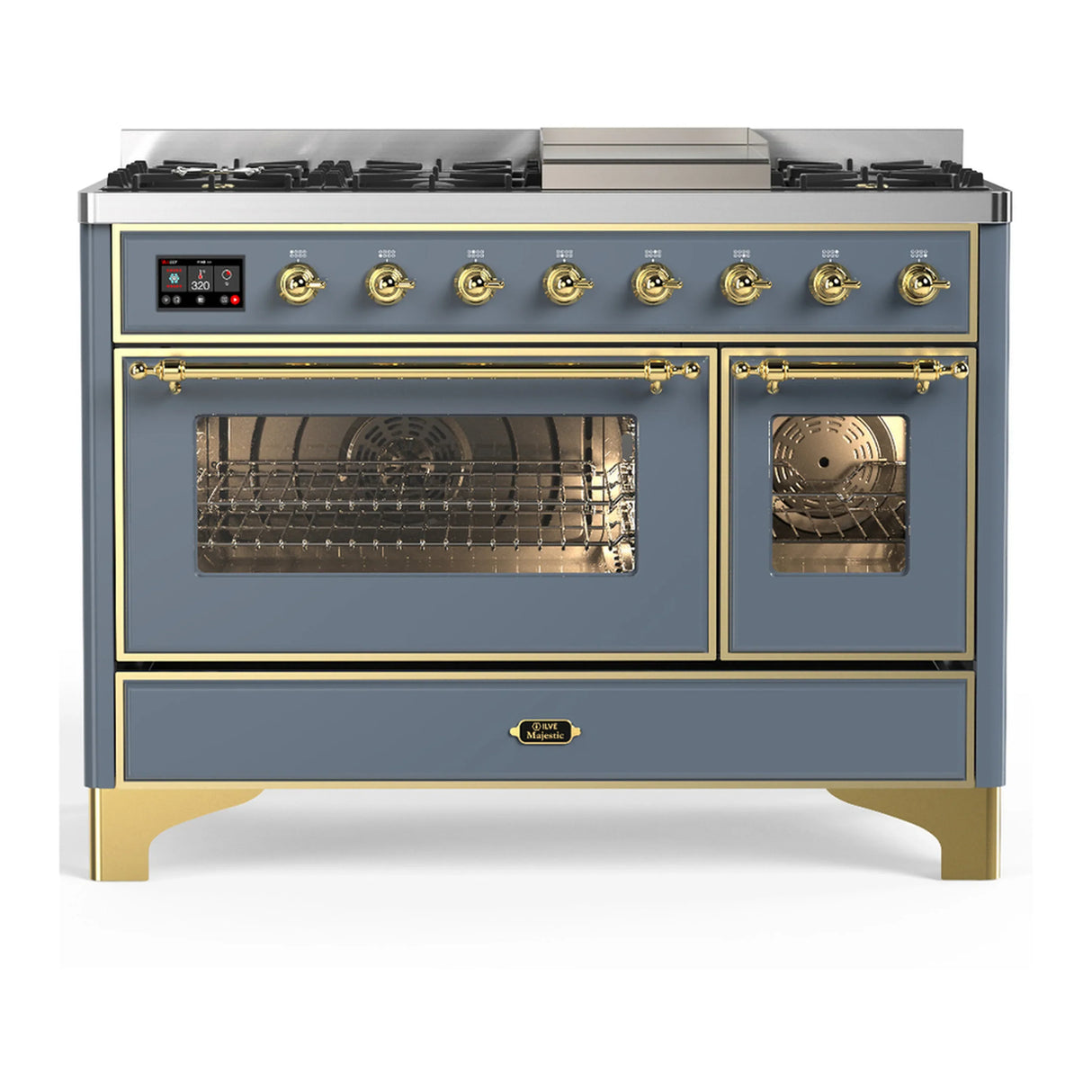 ILVE Majestic III 48-inch Dual Fuel Range with 5 Natural Gas Burner, Griddle and Triple Glass Door Electric Oven in Blue Grey with Brass Trim (UM48FNR3BGG)