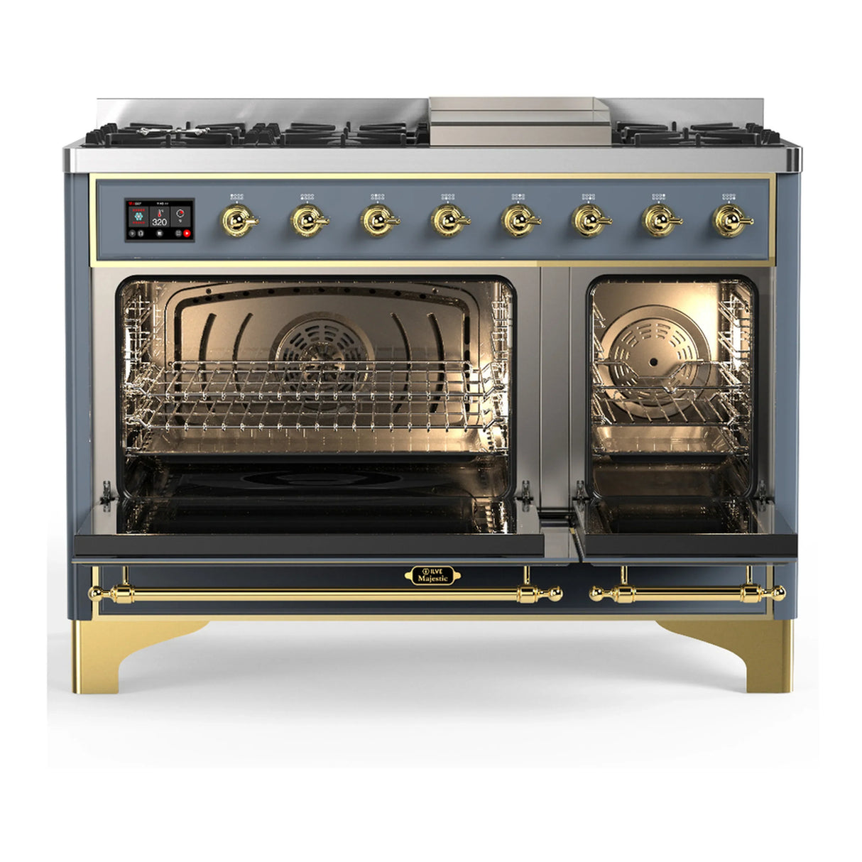 ILVE Majestic III 48-inch Dual Fuel Range with 5 Natural Gas Burner, Griddle and Triple Glass Door Electric Oven in Blue Grey with Brass Trim (UM48FNR3BGG)