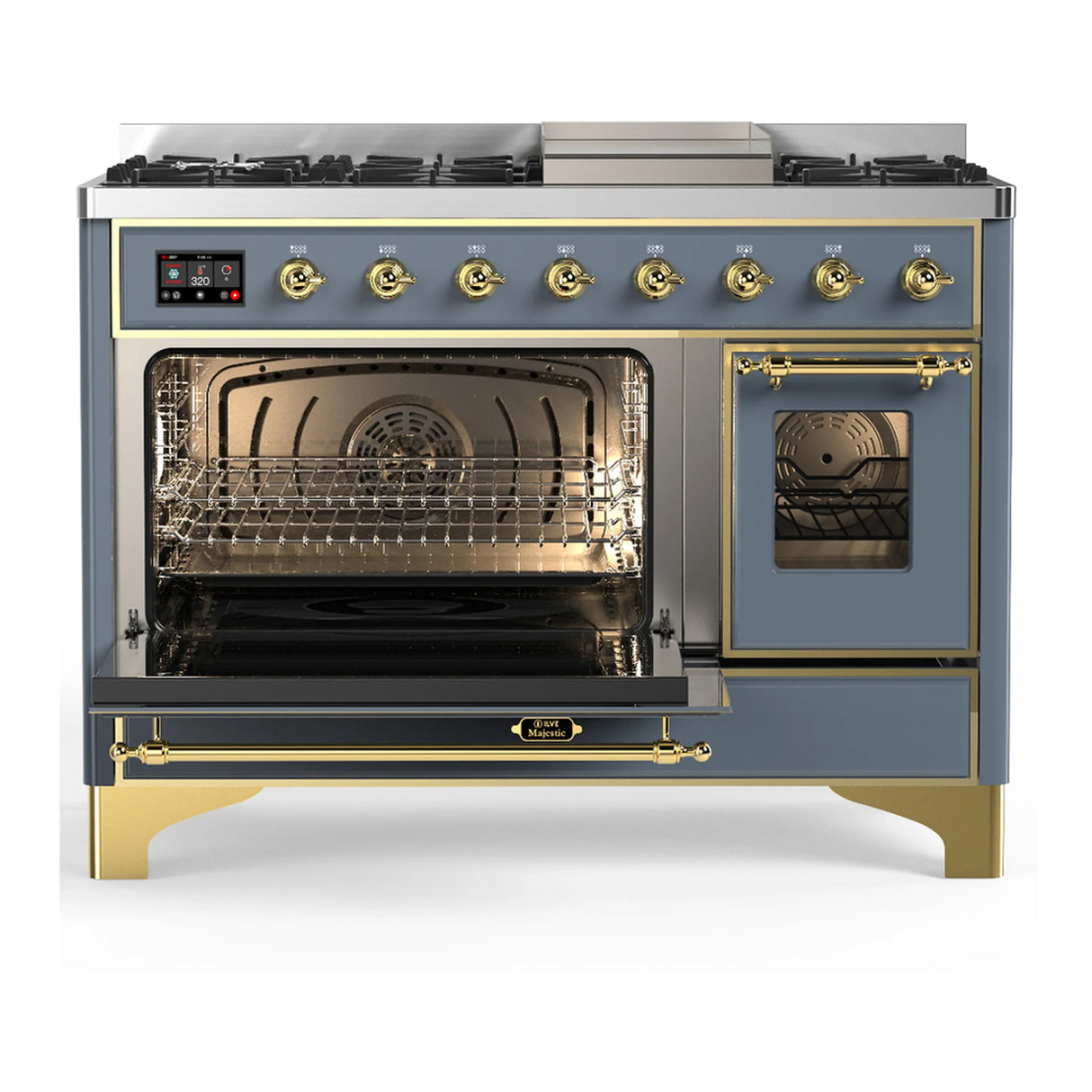 ILVE Majestic III 48-inch Dual Fuel Range with 5 Liquid Propane Burner, Griddle and Triple Glass Door Electric Oven in Blue Grey with Brass Trim (UM48FNR3BGGLP)