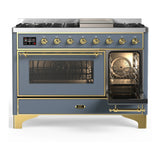 ILVE Majestic III 48-inch Dual Fuel Range with 5 Natural Gas Burner, Griddle and Triple Glass Door Electric Oven in Blue Grey with Brass Trim (UM48FNR3BGG)