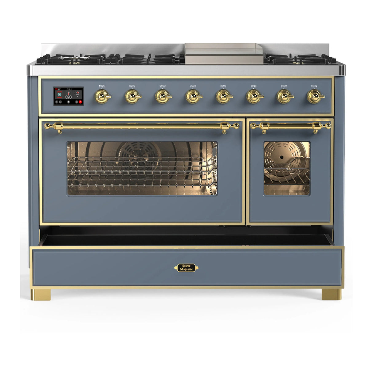 ILVE Majestic III 48-inch Dual Fuel Range with 5 Liquid Propane Burner, Griddle and Triple Glass Door Electric Oven in Blue Grey with Brass Trim (UM48FNR3BGGLP)