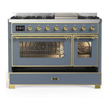 ILVE Majestic III 48-inch Dual Fuel Range with 5 Liquid Propane Burner, Griddle and Triple Glass Door Electric Oven in Blue Grey with Brass Trim (UM48FNR3BGGLP)