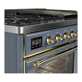 ILVE Majestic III 48-inch Dual Fuel Range with 5 Liquid Propane Burner, Griddle and Triple Glass Door Electric Oven in Blue Grey with Brass Trim (UM48FNR3BGGLP)