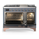 ILVE Majestic III 48-inch Dual Fuel Range with 5 Natural Gas Burner, Griddle and Triple Glass Door Electric Oven in Blue Grey with Copper Trim (UM48FNR3BGP)