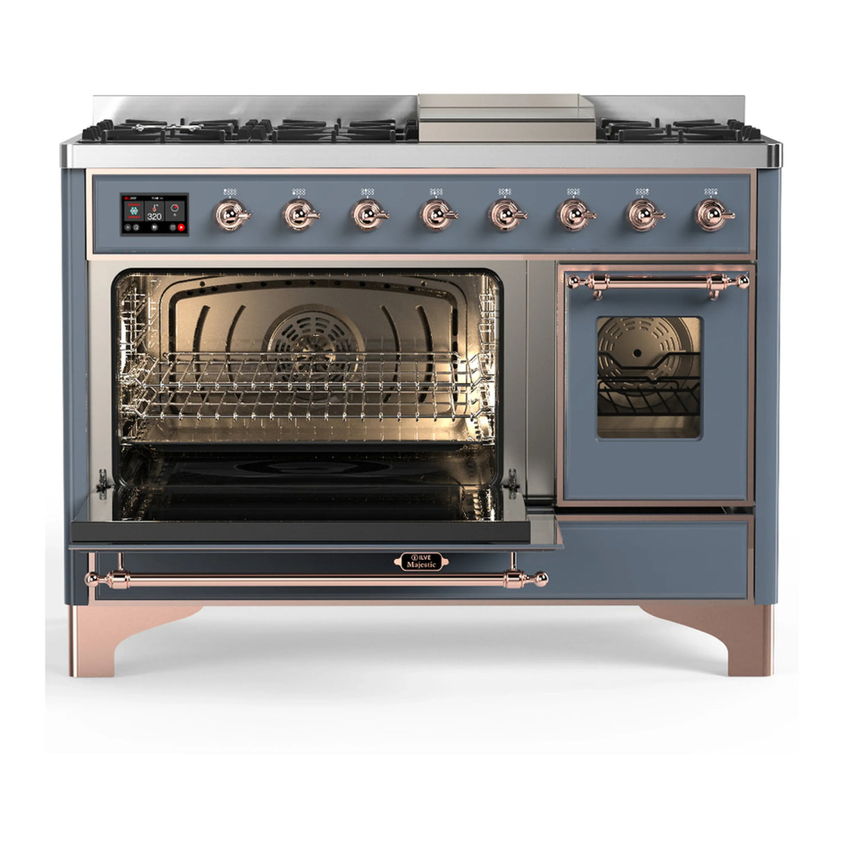 ILVE Majestic III 48-inch Dual Fuel Range with 5 Natural Gas Burner, Griddle and Triple Glass Door Electric Oven in Blue Grey with Copper Trim (UM48FNR3BGP)